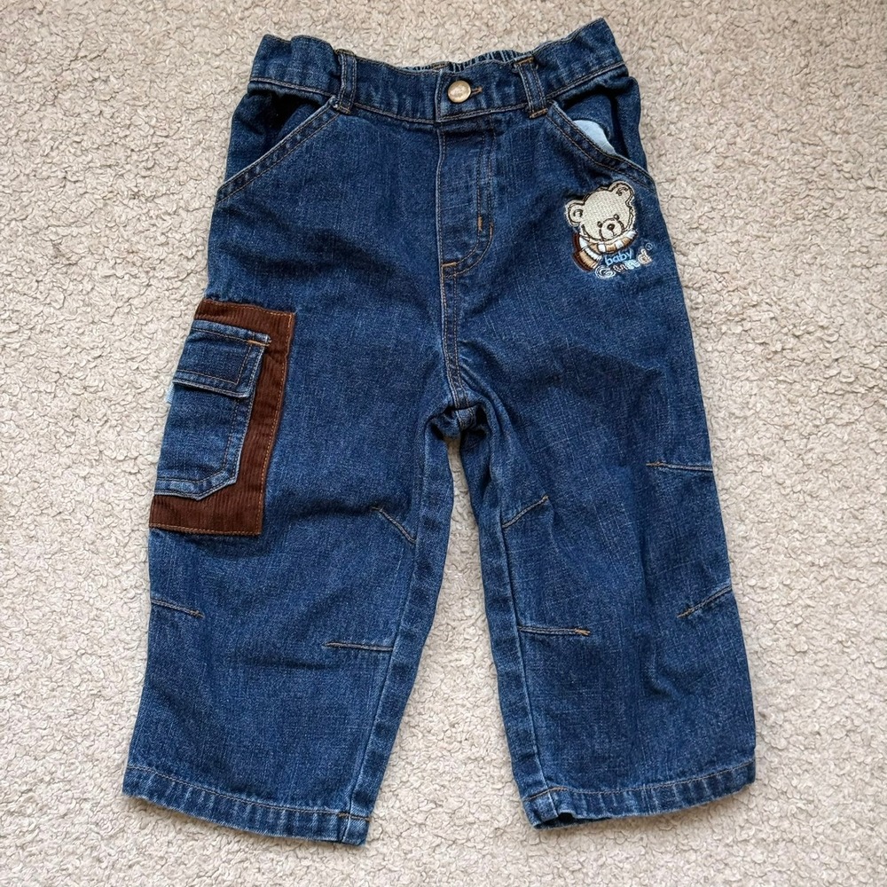 Baby Gund Vintage Denim Cargo Pants Teddy Bear Corduroy Trim 18M 12711BG